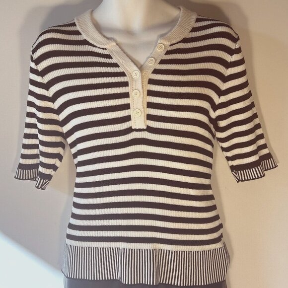 Kut from the Kloth SZM Alora Henley stripe sweater 90's Black & Ivory Preppy Y2K - Picture 3 of 10